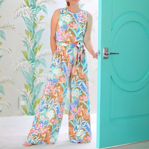 J. McLaughlin Size LG Sleeveless Palm Print Wide Leg Sleeveless Rebekka Jumpsuit - Picture 1 of 16